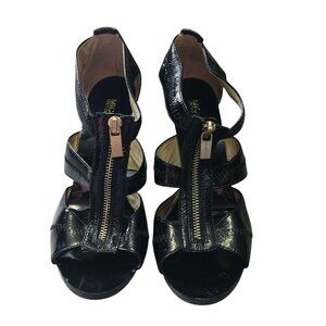 Michael Kors Women's Size 8.5M Berkley Zip Front T-Strap Black Patent Heels